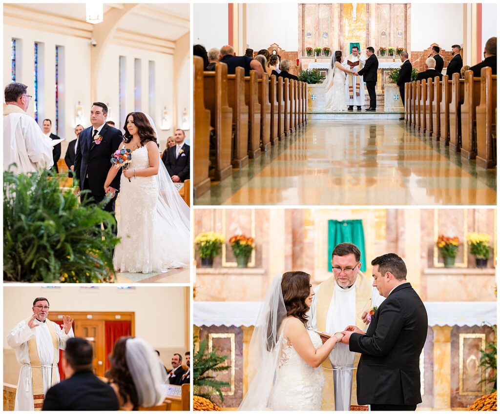 Traditional church wedding ceremony collage with bride and groom holding hands, listening to pastor, and exchanging wedding rings at St. Cecilia | Ashley Gerrity Photography