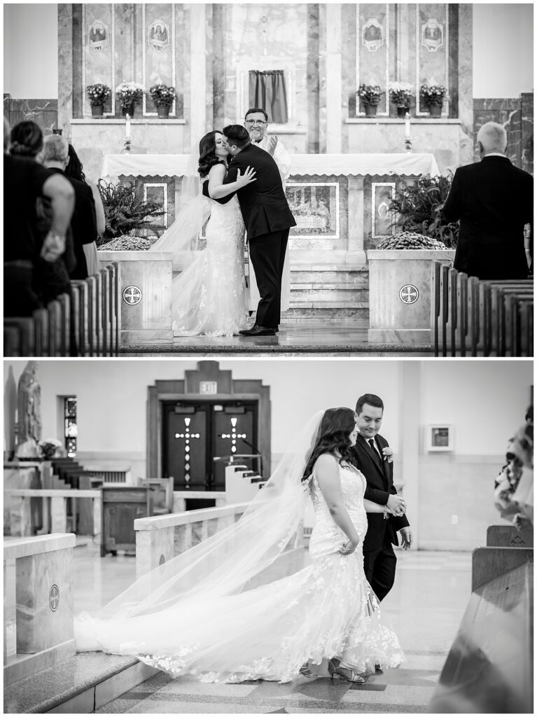 Black and white collage of bride and groom kissing during church wedding ceremony and walking up the aisle | Ashley Gerrity Photography
