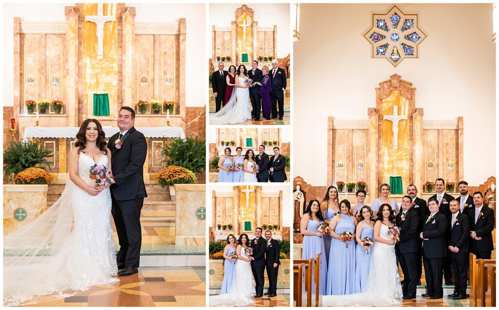 Traditional family and wedding party portraits on the altar after wedding ceremony at St. Cecilia church | Ashley Gerrity Photography