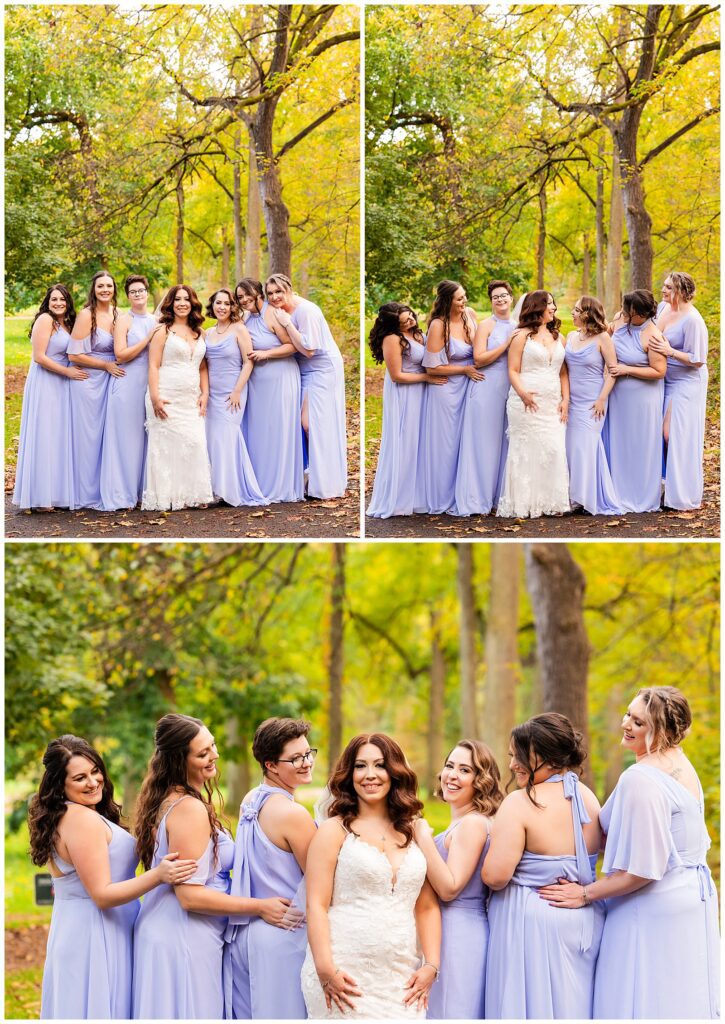 Bridesmaid portrait collage of bridesmaids in lavender gowns and jumpsuits at Pennypack Park in Autumn | Ashley Gerrity Photography