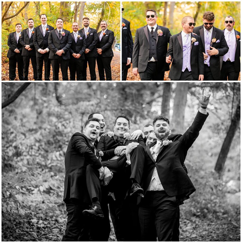 Pennypack Park groom portraits with groomsmen in sunglasses and groomsmen carrying groom | Ashley Gerrity Photography