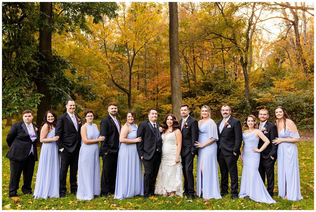 Traditional wedding party portrait at Pennypack Park in the Fall | Ashley Gerrity Photography