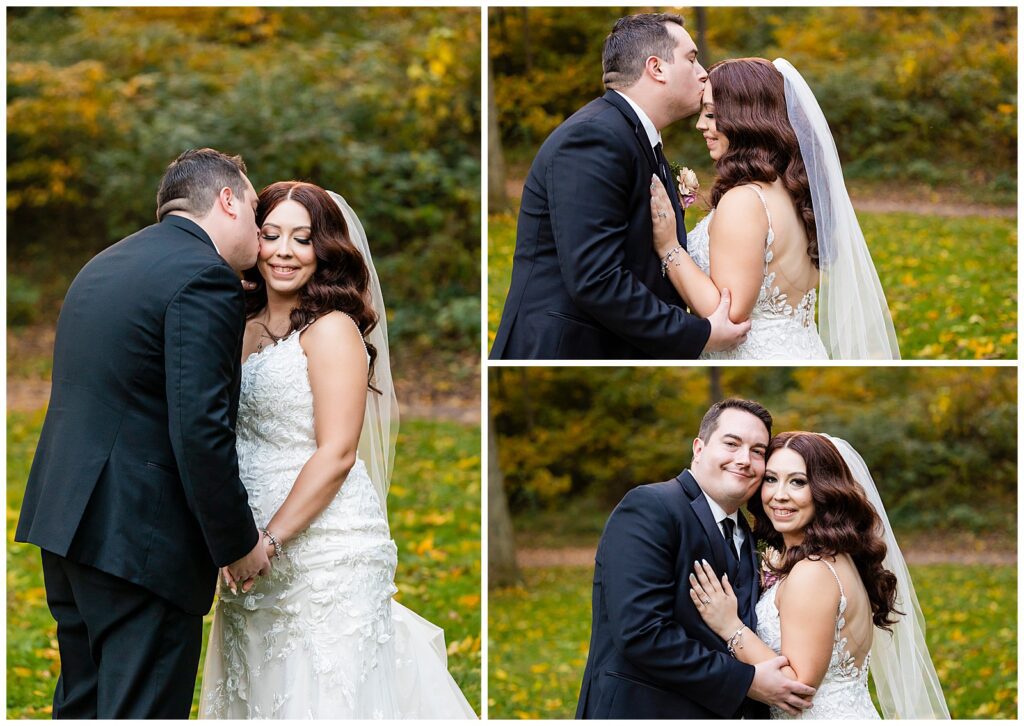 Wedding portrait collage of groom kissing bride on the cheek and forehead and bride and groom smiling at the camera | Ashley Gerrity Photography
