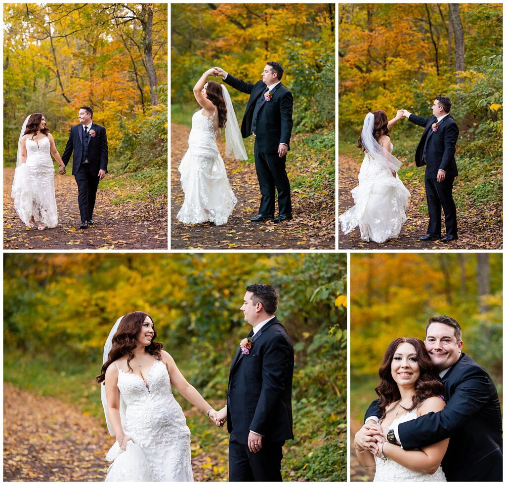 Collage of groom spinning his bride and pulling her close in front of yellow leaves during Autumn Pennypack Park wedding portraits | Ashley Gerrity Photography