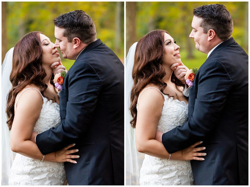 Romantic wedding portrait collage of bride and groom smiling at each other after kissing during Pennypack Park portrait session | Ashley Gerrity Photography