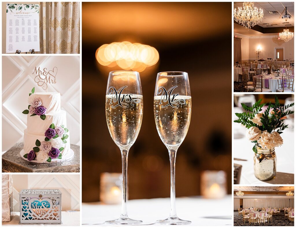 Philadelphia Ballroom wedding reception detail collage with floral welcome sign & seating chart, Mr & Mrs card box, Mr & Mrs champagne glasses, and wooden floral mason jar centerpieces | Ashley Gerrity Photography