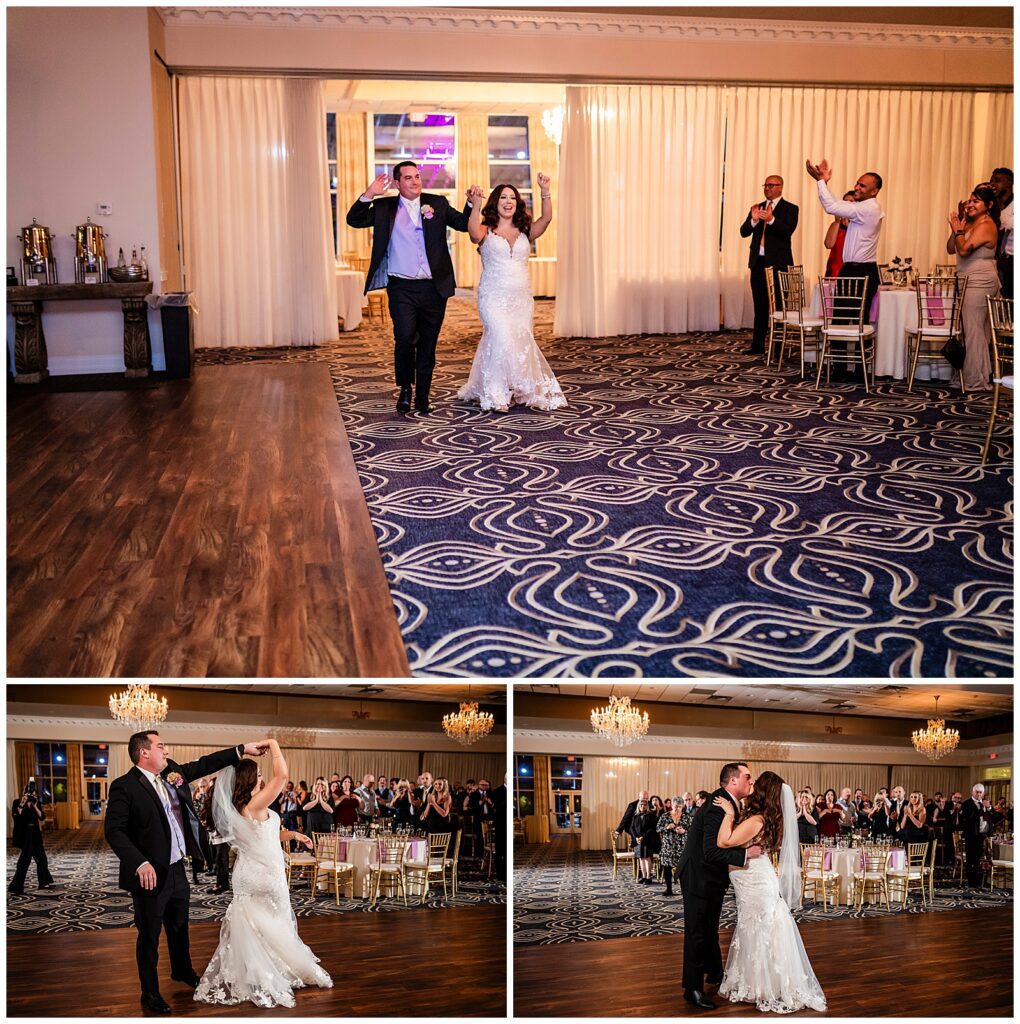 Collage of bride and groom cheering, spinning, and kissing during their introduction to their wedding at Philadelphia Ballroom | Ashley Gerrity Photography