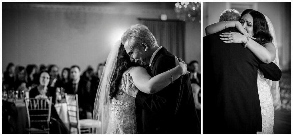 Black and white collage of father of the bride and bride hugging and getting emotional during their father daughter dance at her Philadelphia Ballroom wedding reception | Ashley Gerrity Photography