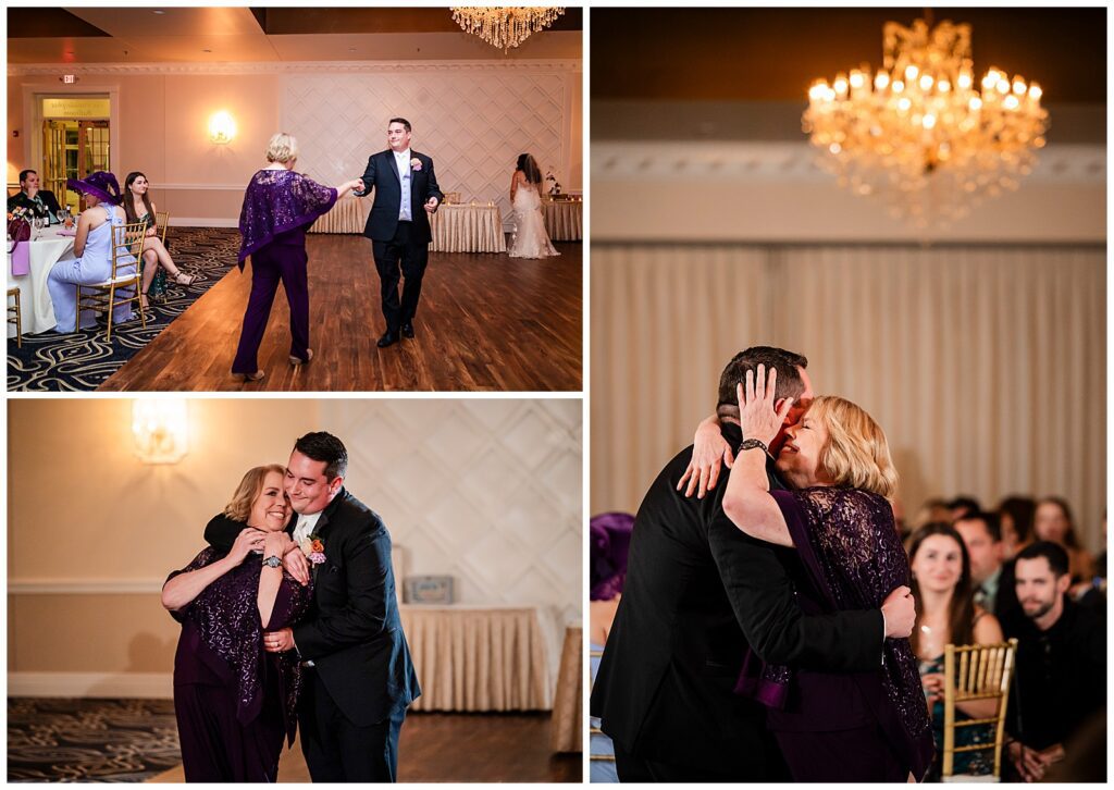Collage of groom dancing with and hugging his mom during wedding reception at Philadelphia Ballroom | Ashley Gerrity Photography