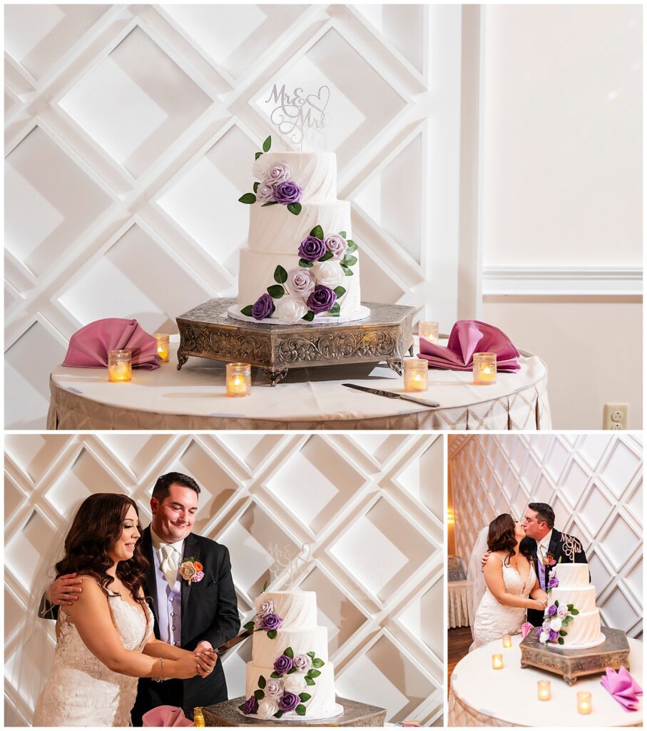 Tiered wedding cake with purple florals and Mr & Mrs cake topper, bride and groom cut their wedding cake during wedding reception at Philadelphia Ballroom | Ashley Gerrity Photography