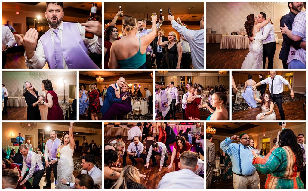 Wedding reception at Philadelphia Ballroom dance floor collage of guests dancing, singing, and toasting | Ashley Gerrity Photography